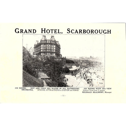Grand Hotel Reginald Beaumont Scarborough c1910 Ad AF3-9