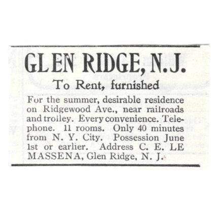 Glen Ridge NJ Cottage For Rent C.E. Le Massena c1918 Advertisement AE5-SV2