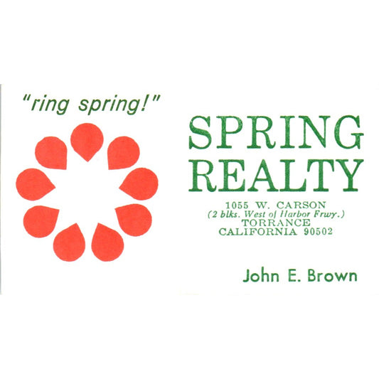 John E. Brown Spring Realty Torrance CA Vintage Business Card SD8-B1