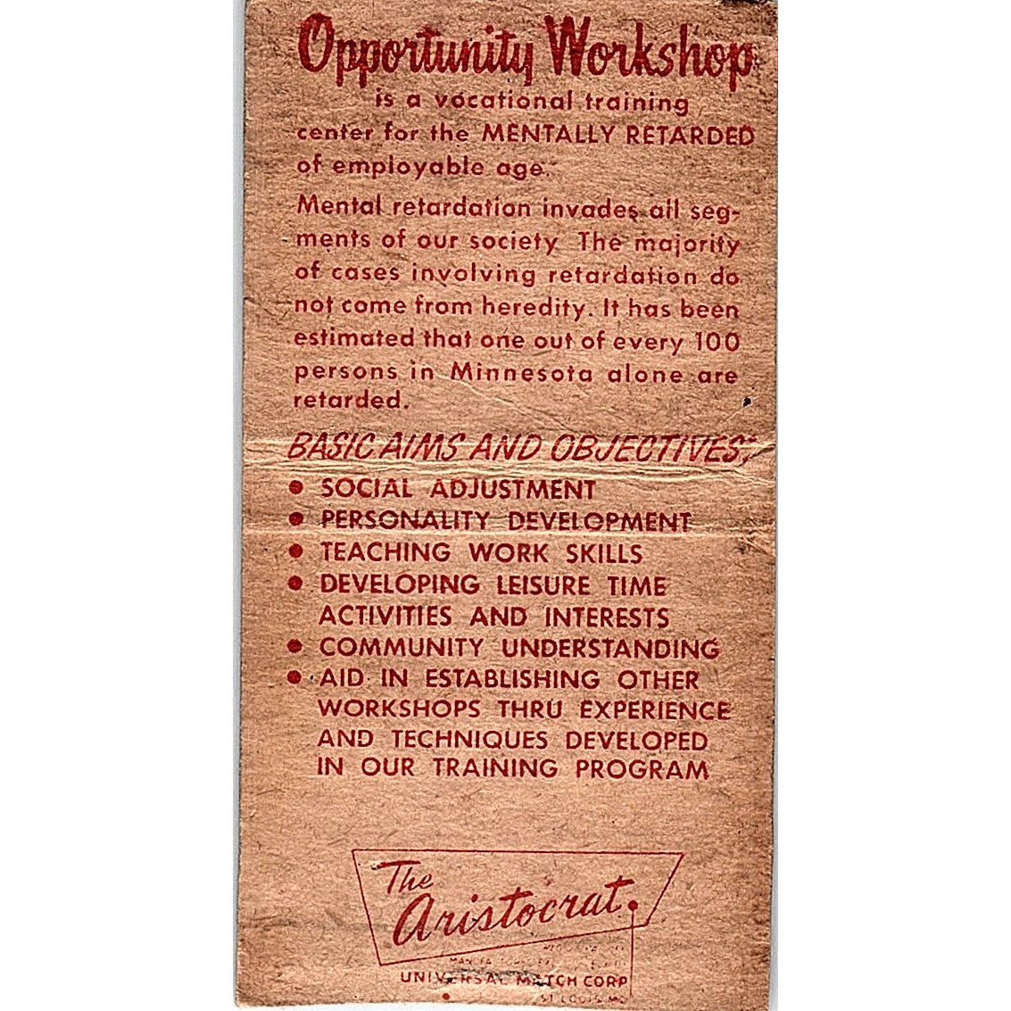 Training Center for the Mentally Handicapped Minneapolis Matchbook Cover SF3-Y4