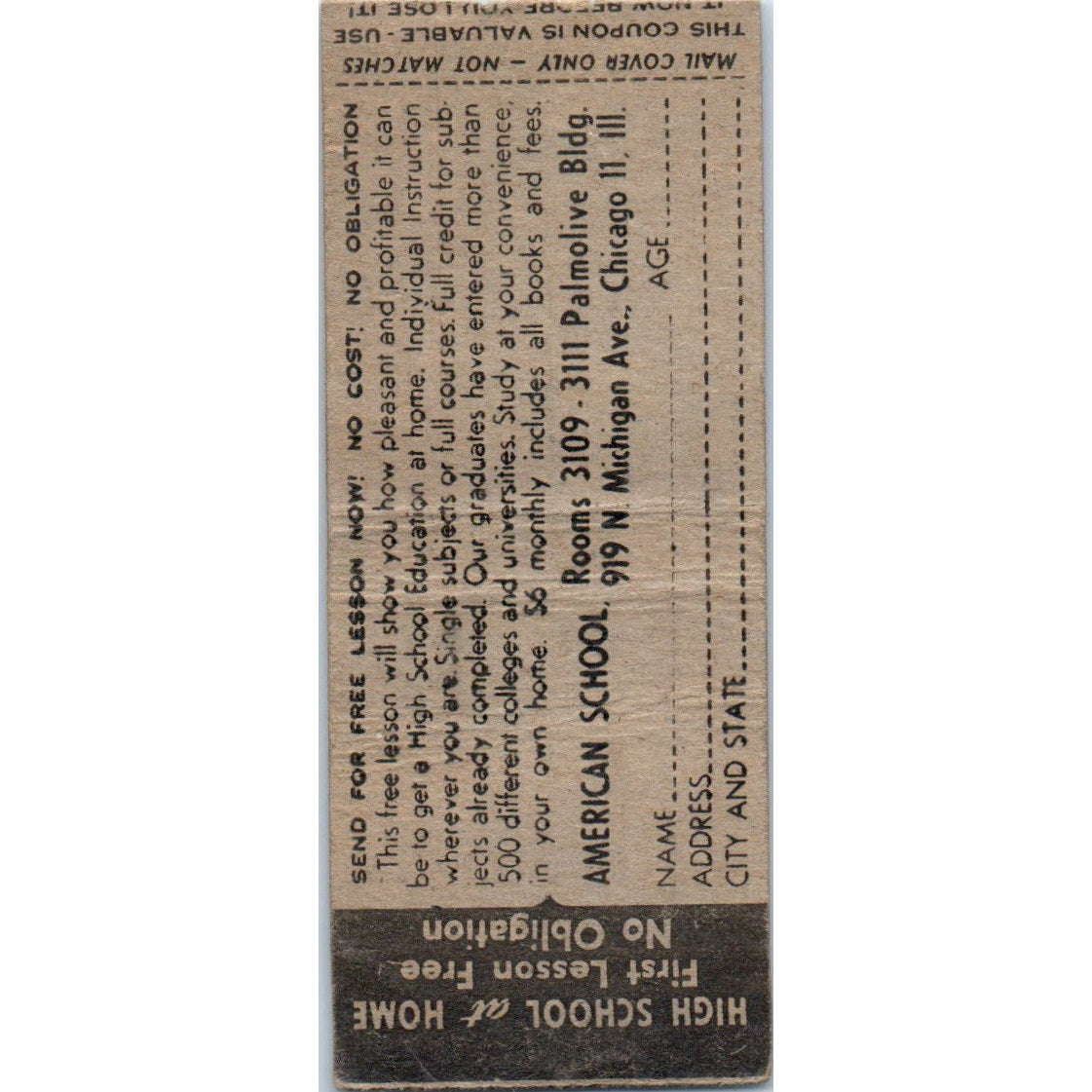 High School at Home American School Chicago IL Vintage Matchbook Cover SD2-Y8