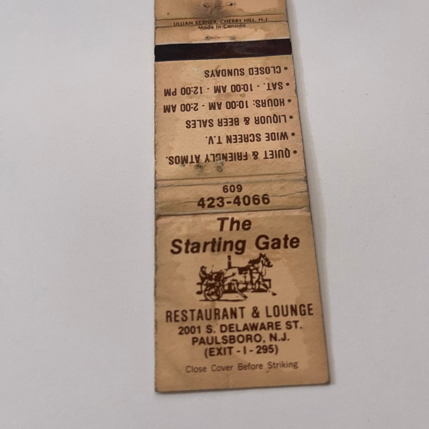 The Starting Gate Restaurant Paulsboro NJ Vintage Matchbook Cover TB6-MB2-1