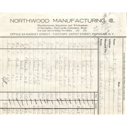 Northwood Manufacturing Co Potsdam NY 1913 Original Billhead Letterhead D8-LL