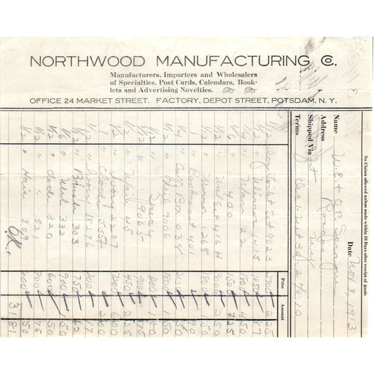 Northwood Manufacturing Co Potsdam NY 1913 Original Billhead Letterhead D8-LL