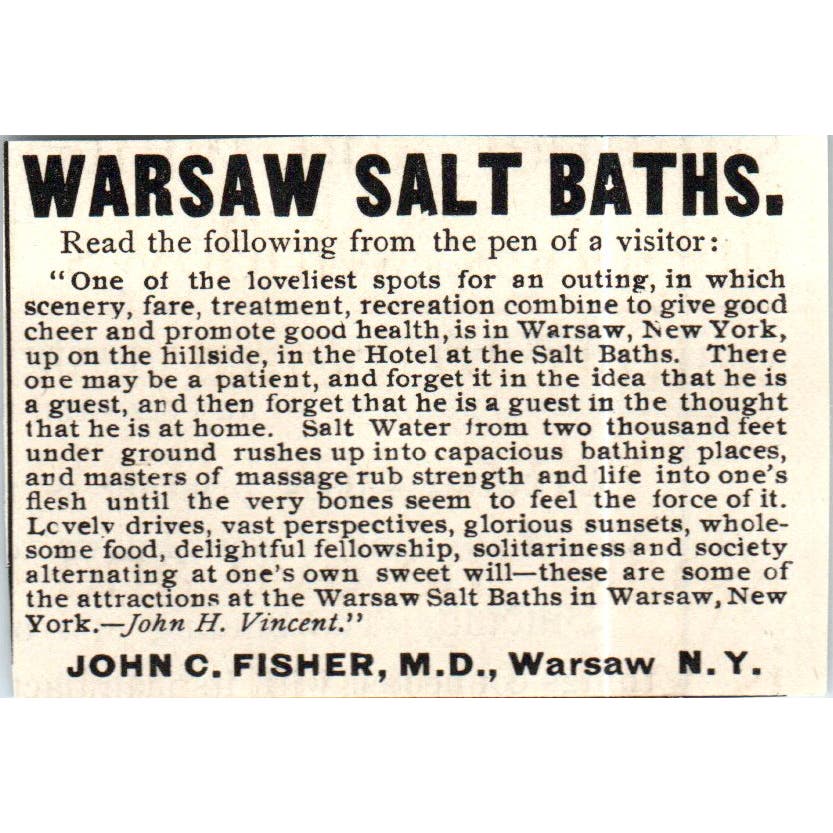 Warsaw Salt Baths John C. Fisher Warsaw NY c1890 Victorian Ad AE8-CH8
