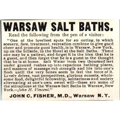 Warsaw Salt Baths John C. Fisher Warsaw NY c1890 Victorian Ad AE8-CH8