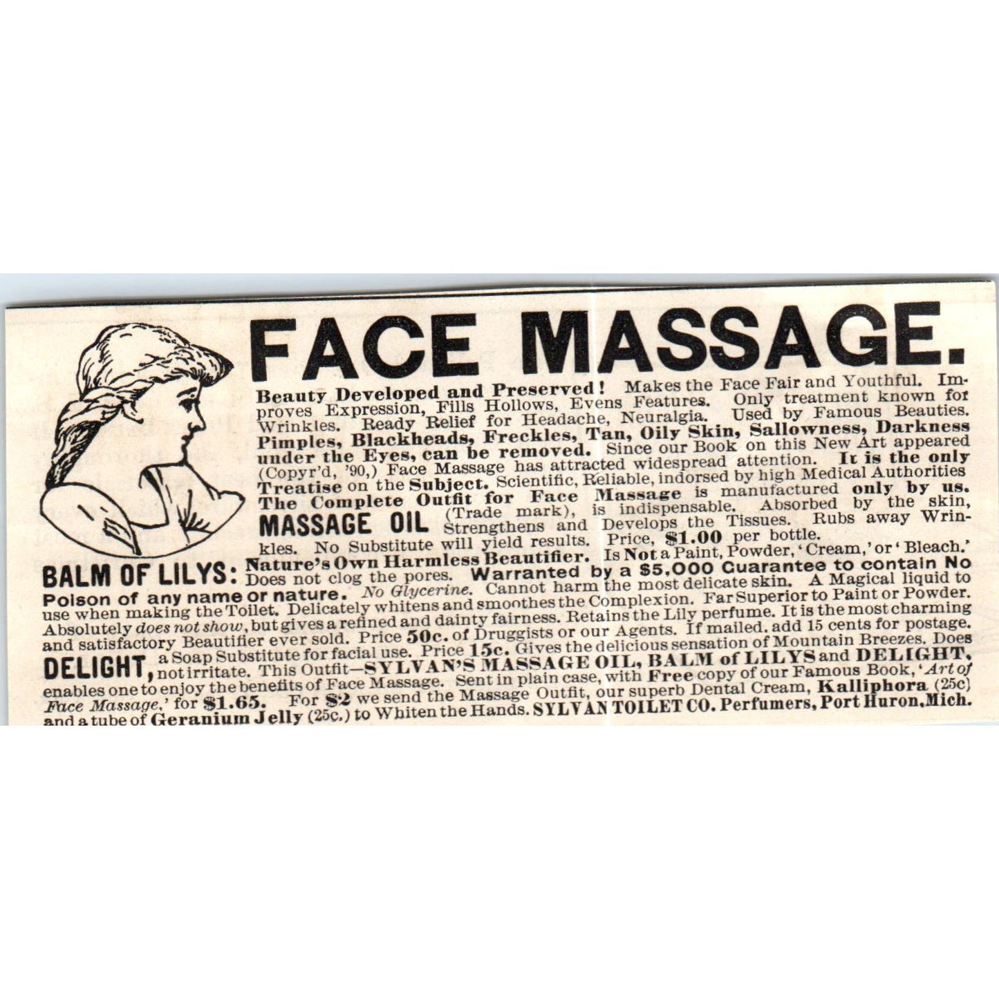 Face Massage Balm of Lilies Sylvan Toilet Co Port Huron MI c1890 Ad AE8-CH4