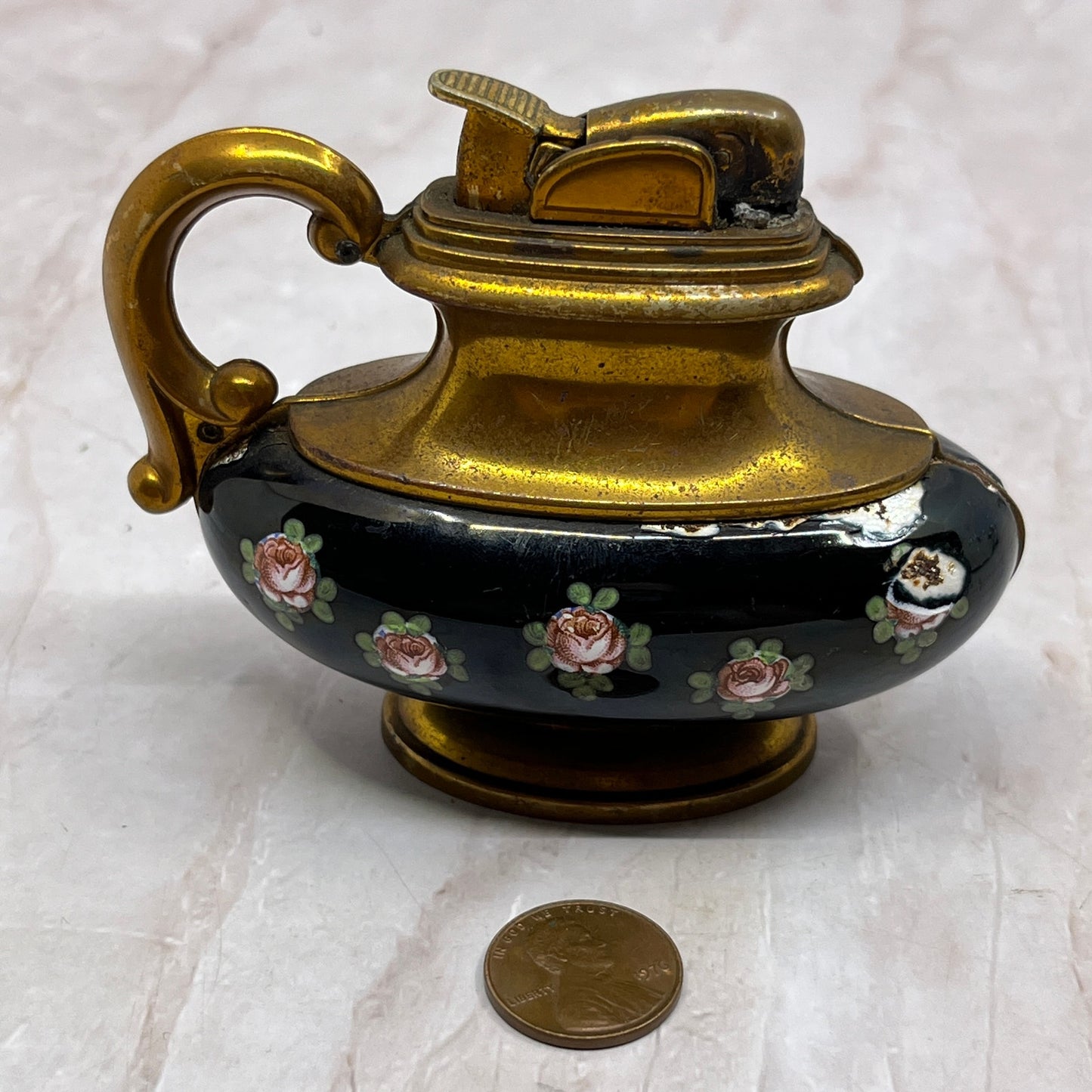 Vintage Evans Brass Black Enamel Floral Teapot Style Table Lighter TL6