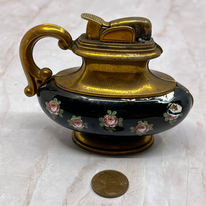 Vintage Evans Brass Black Enamel Floral Teapot Style Table Lighter TL6