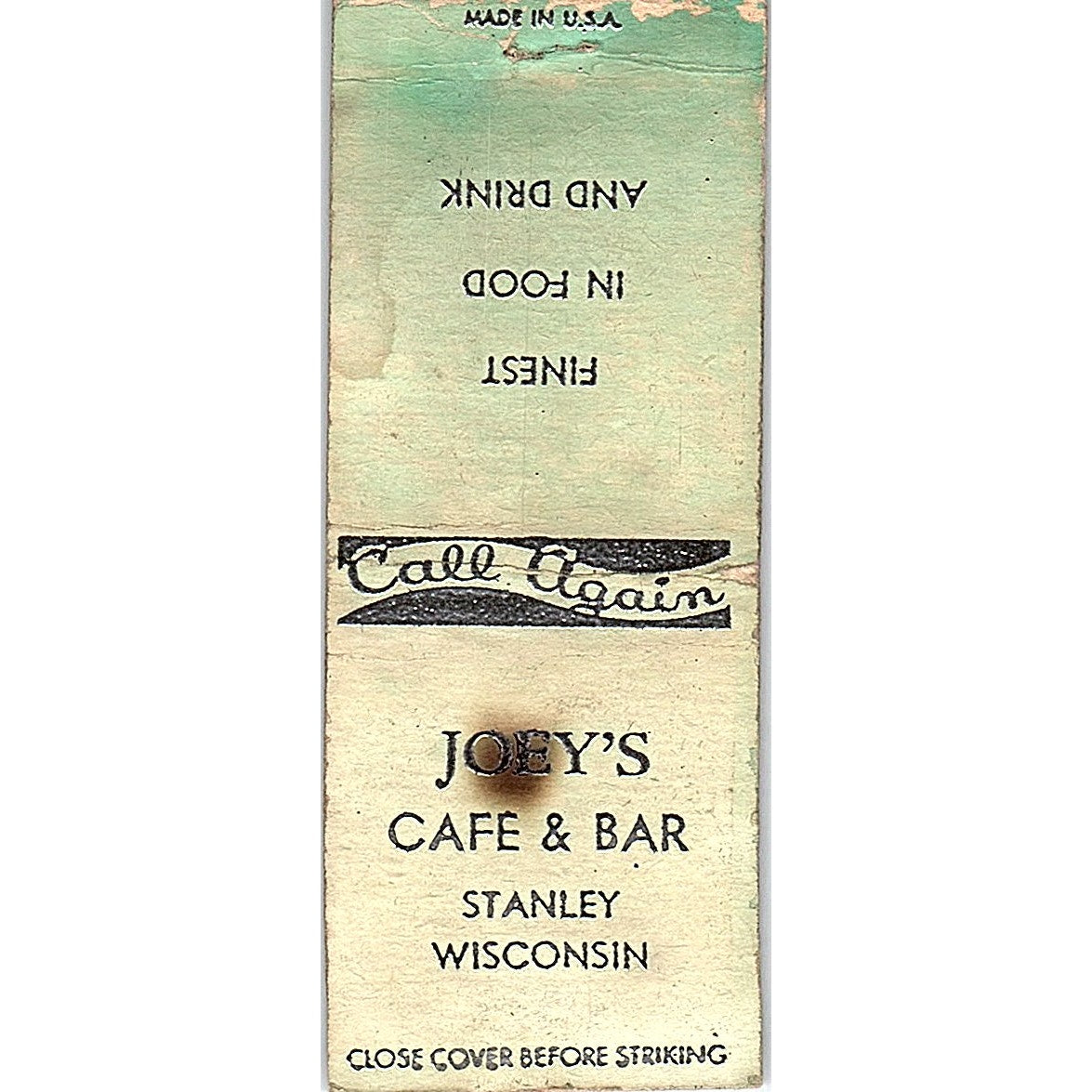Joey's Cafe & Bar Stanley WI Vintage Matchbook Cover SE5-Y1