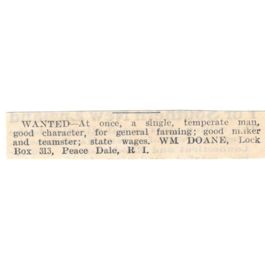 Wanted Farmhand Wm. Doane Peace Dale RI 1905 Magazine Ad AF1-NES2