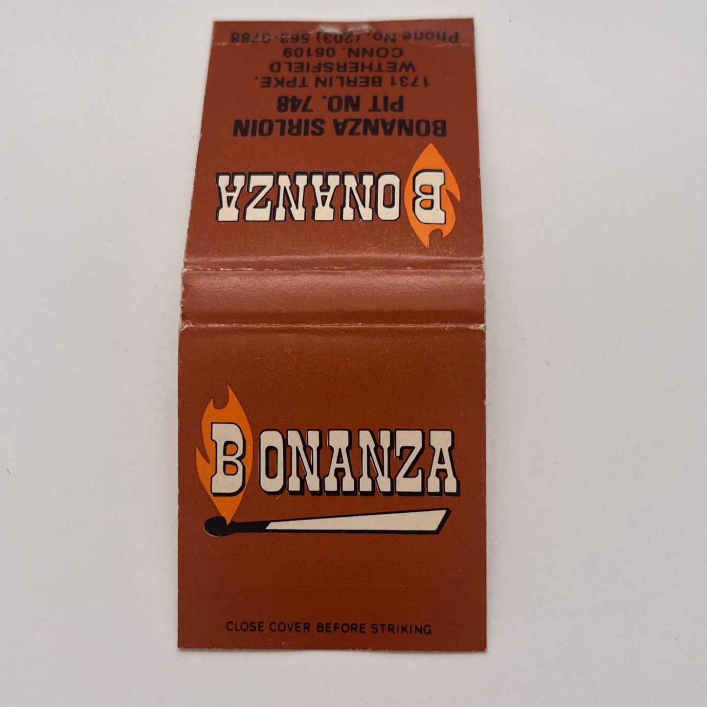 Bonanza Sirloin Pit No 748 Wethersfield CT Vintage Matchbook Cover TB8-MB-3