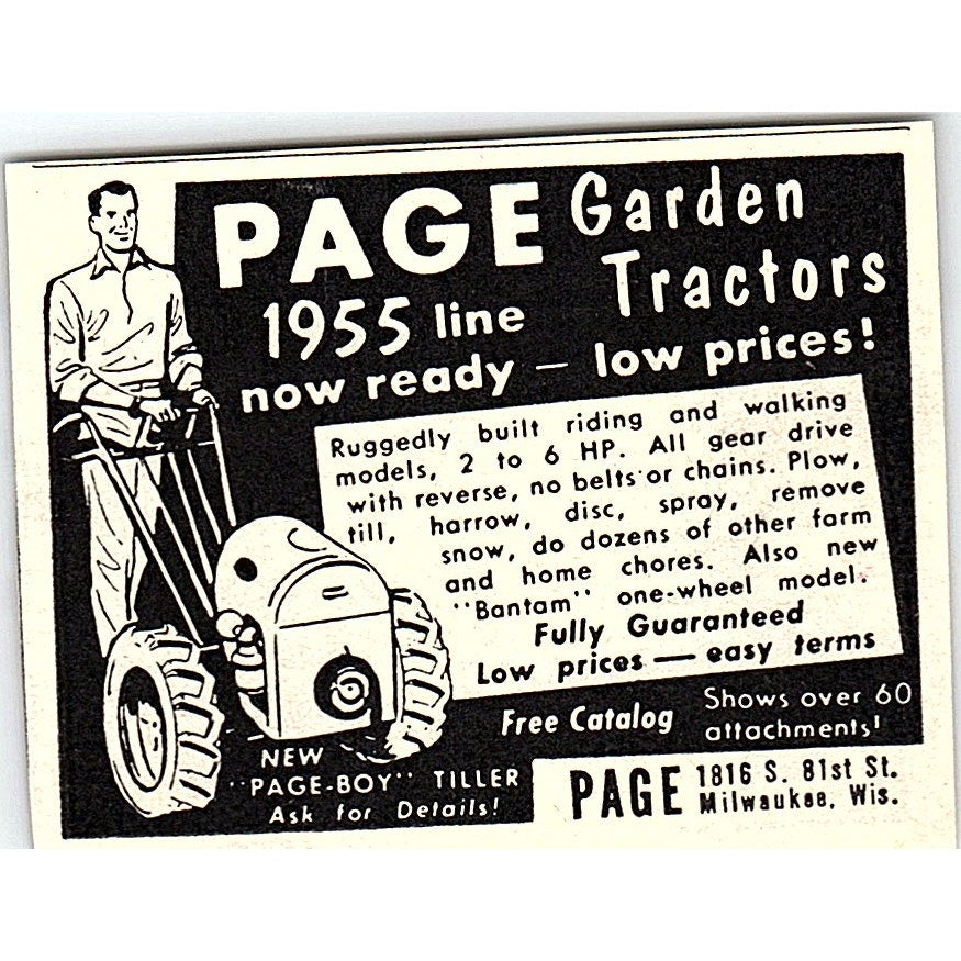 Page Garden Tractors Page-Boy Tiller Milwaukee WI 1955 Ad AF9-S5