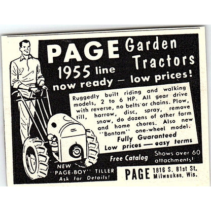 Page Garden Tractors Page-Boy Tiller Milwaukee WI 1955 Ad AF9-S5
