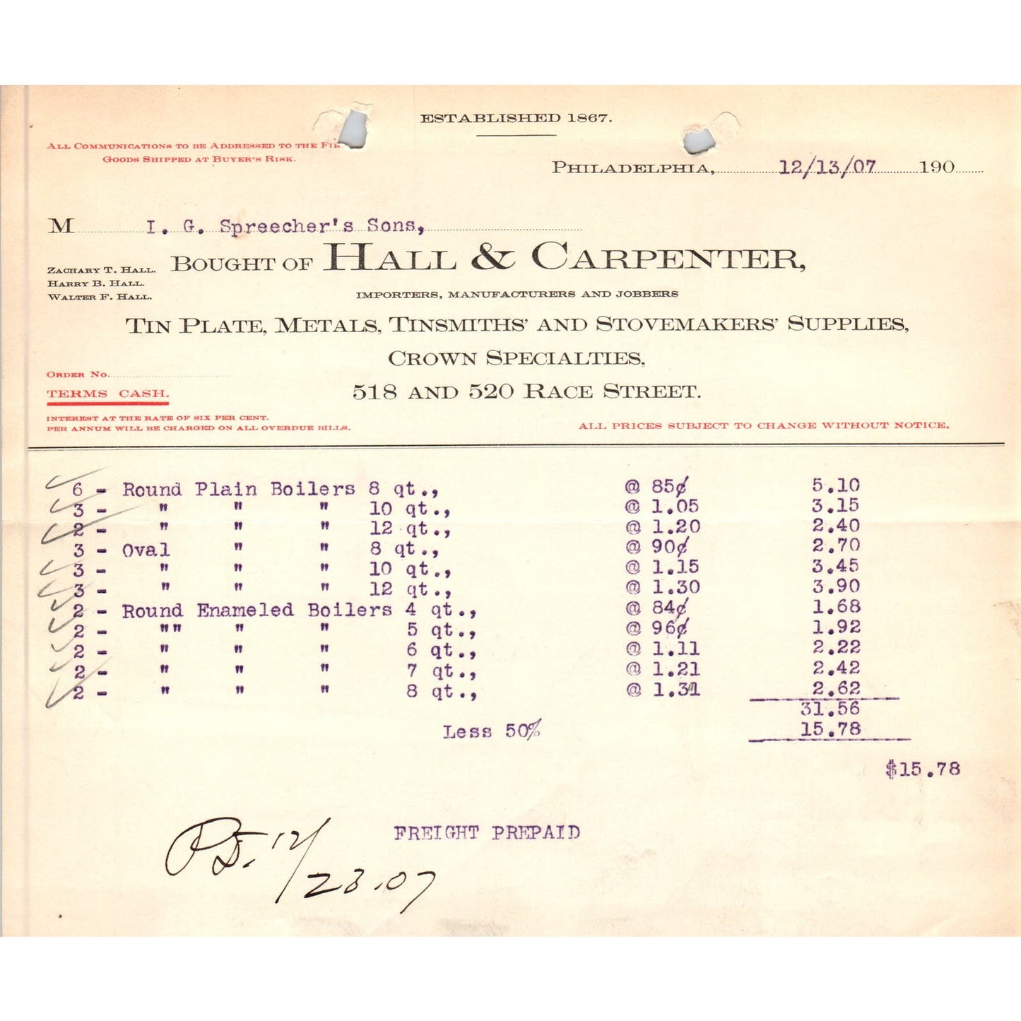 1907 Hall & Carpenter Tin Plate Metals Philadelphia Letterhead Billhead D11