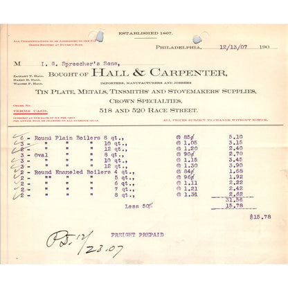 1907 Hall & Carpenter Tin Plate Metals Philadelphia Letterhead Billhead D11