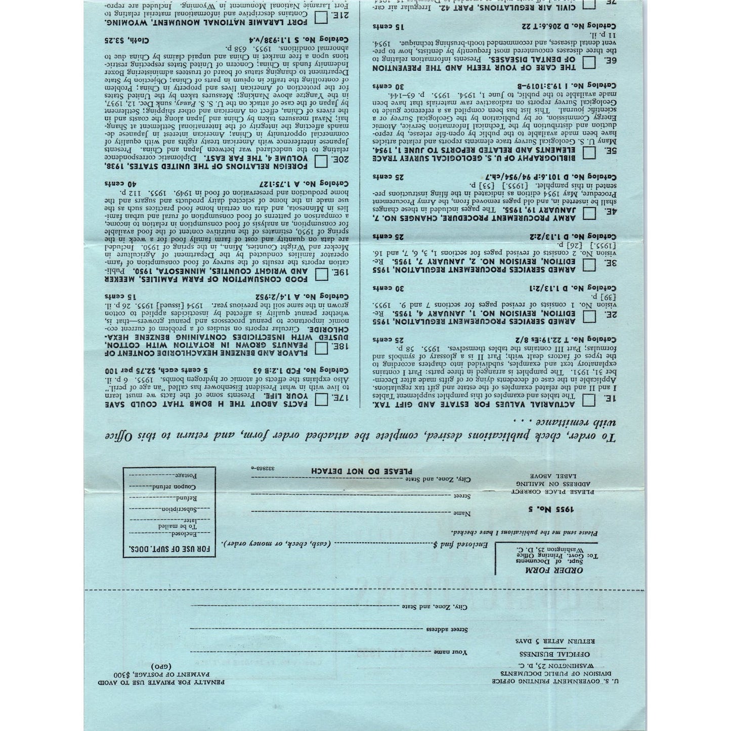1955 Selected United States Government Publications Order Form AE4