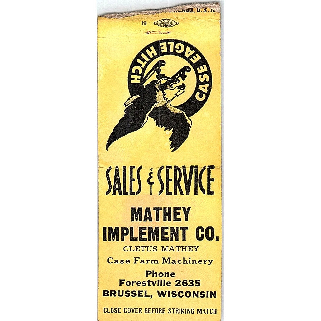 Mathey Implement Co Cletus Mathey Brussel WI Vintage Matchbook Cover SF3-Y3