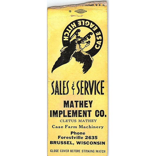 Mathey Implement Co Cletus Mathey Brussel WI Vintage Matchbook Cover SF3-Y3