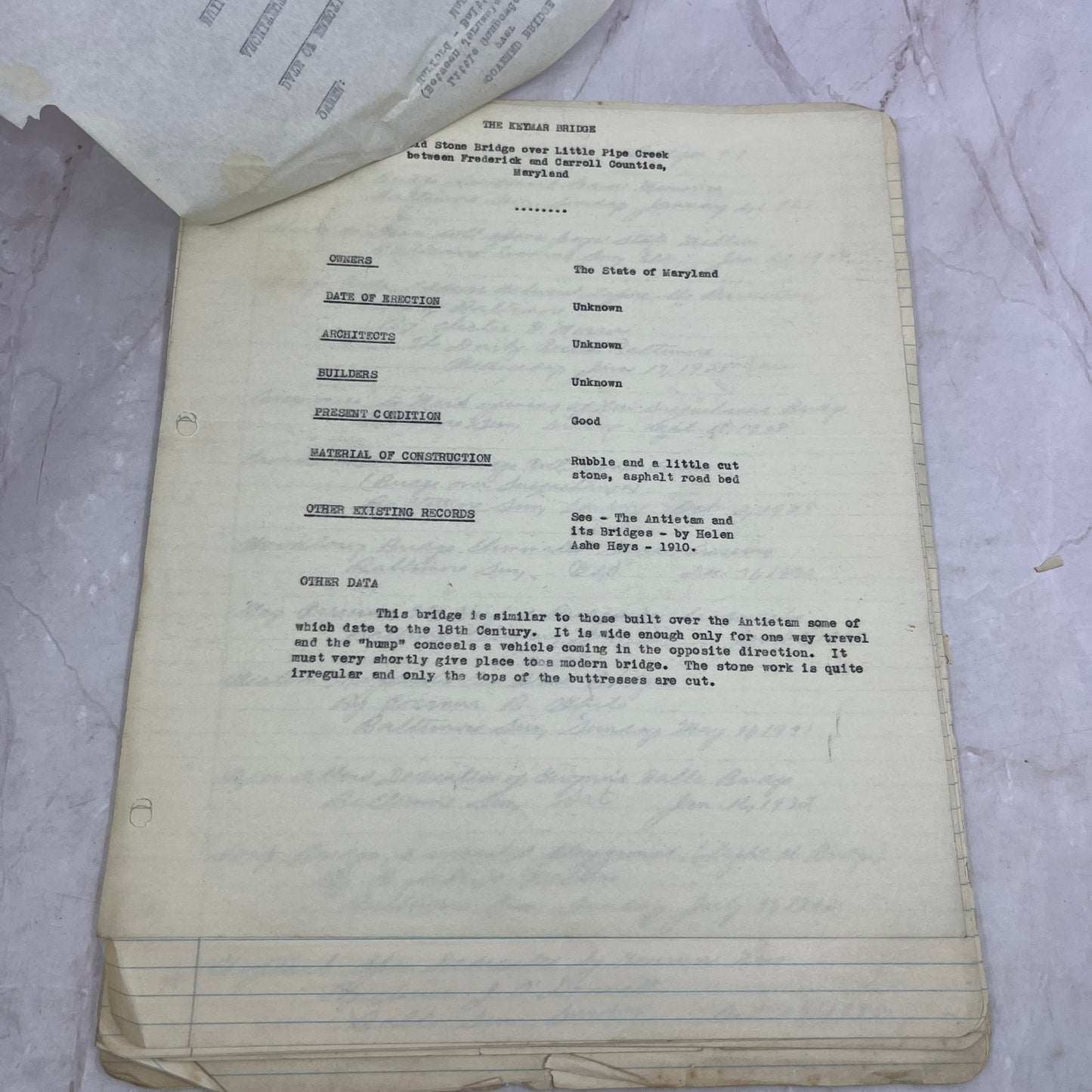 c1936 Historic American Building Society Information on Maryland Bridges TA9