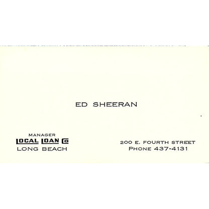 Ed Sheeran Local Loan Long Beach CA Vintage Business Card SD9-B4