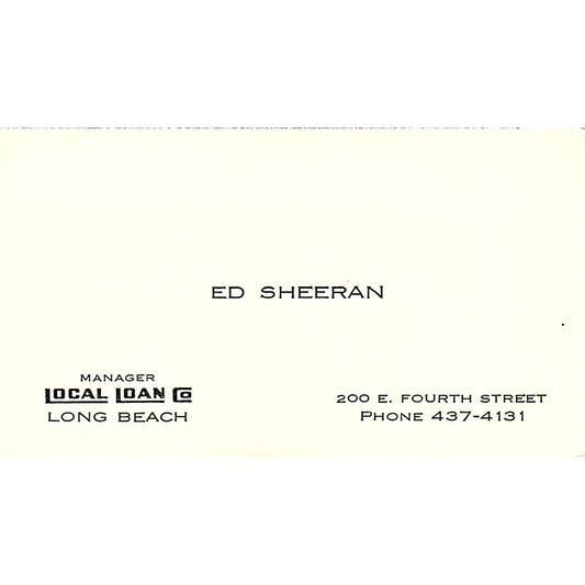 Ed Sheeran Local Loan Long Beach CA Vintage Business Card SD9-B4
