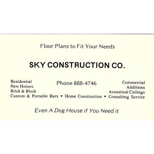 Sky Construction Co Contracting Vintage Business Card SD9-B3