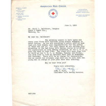 1938 Hamburg PA Lifeguard Training American Red Cross Letterhead Memo D20