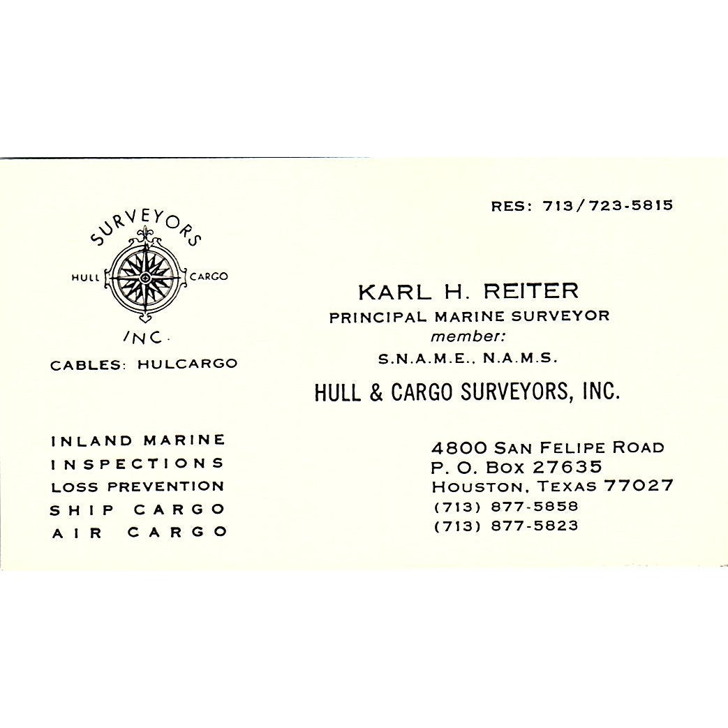 Hull & Cargo Surveyors, Inc. Karl H. Reiter Houston TX Business Card SSB4-B13