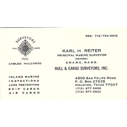Hull & Cargo Surveyors, Inc. Karl H. Reiter Houston TX Business Card SSB4-B13