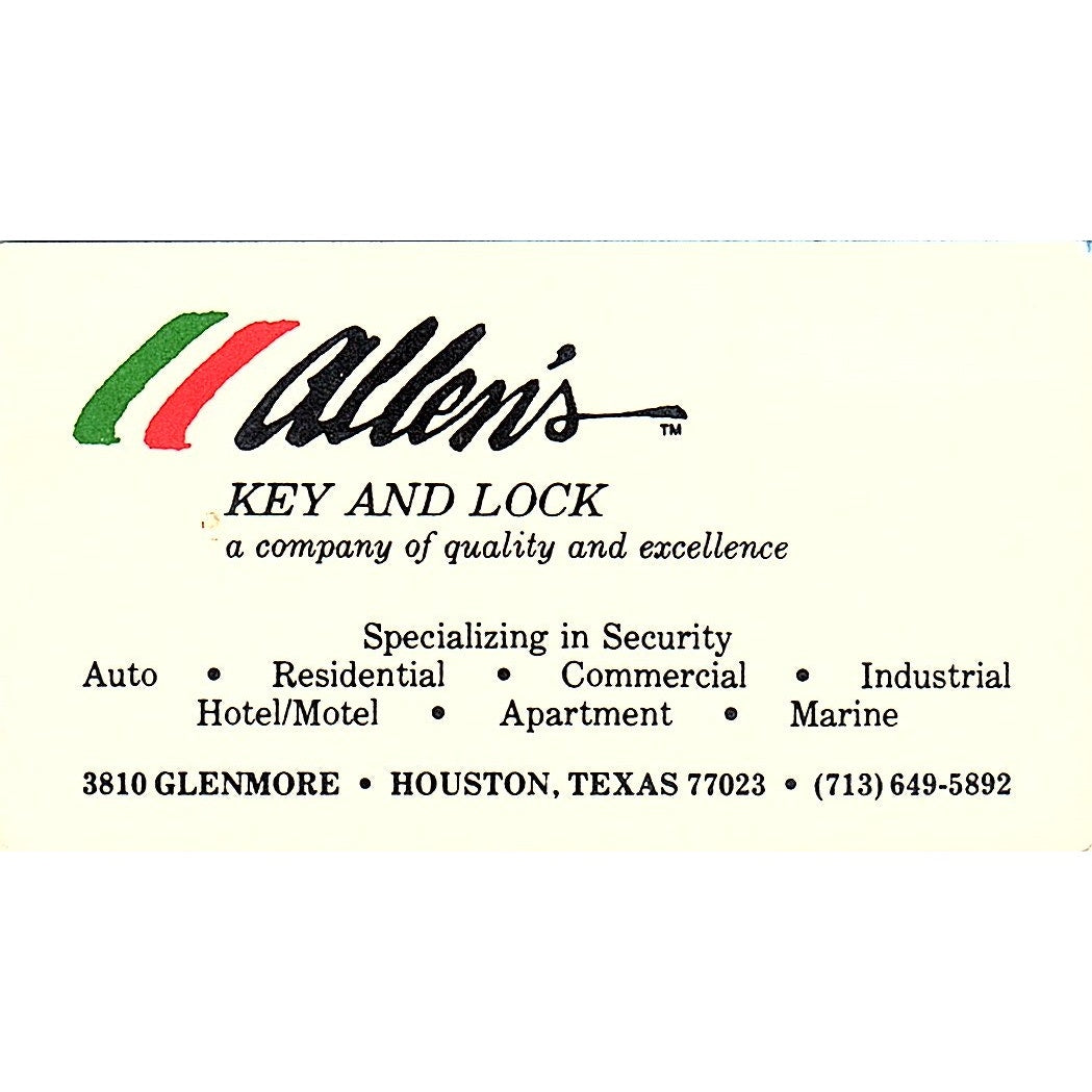 Allen's Key & Lock Houston Texas Vintage Business Card SB4-B3