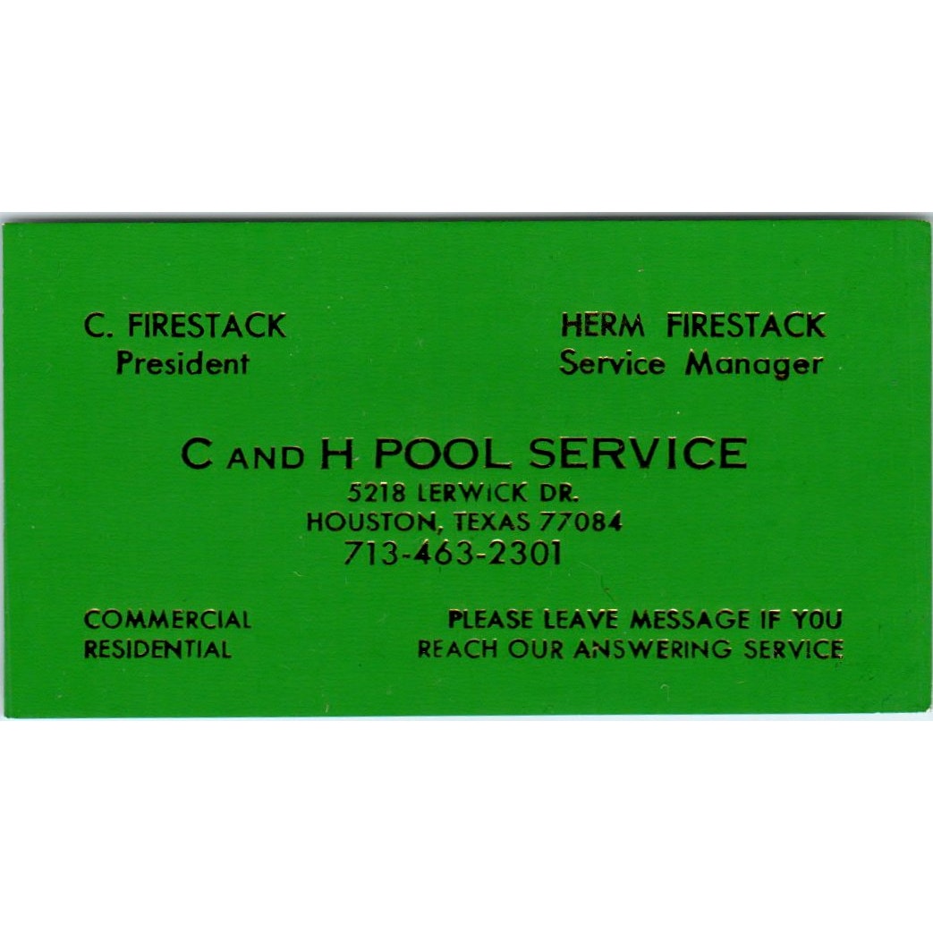 C and H Pool Service Herm Firestack Houston TX Vintage Business Card SD4-B4