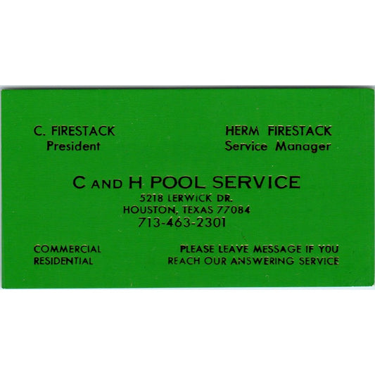 C and H Pool Service Herm Firestack Houston TX Vintage Business Card SD4-B4