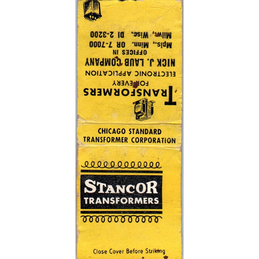 Stancor Transformers Nick J. Laub Co Minneapolis Milwaukee Vtg Matchbook SF4-Y3