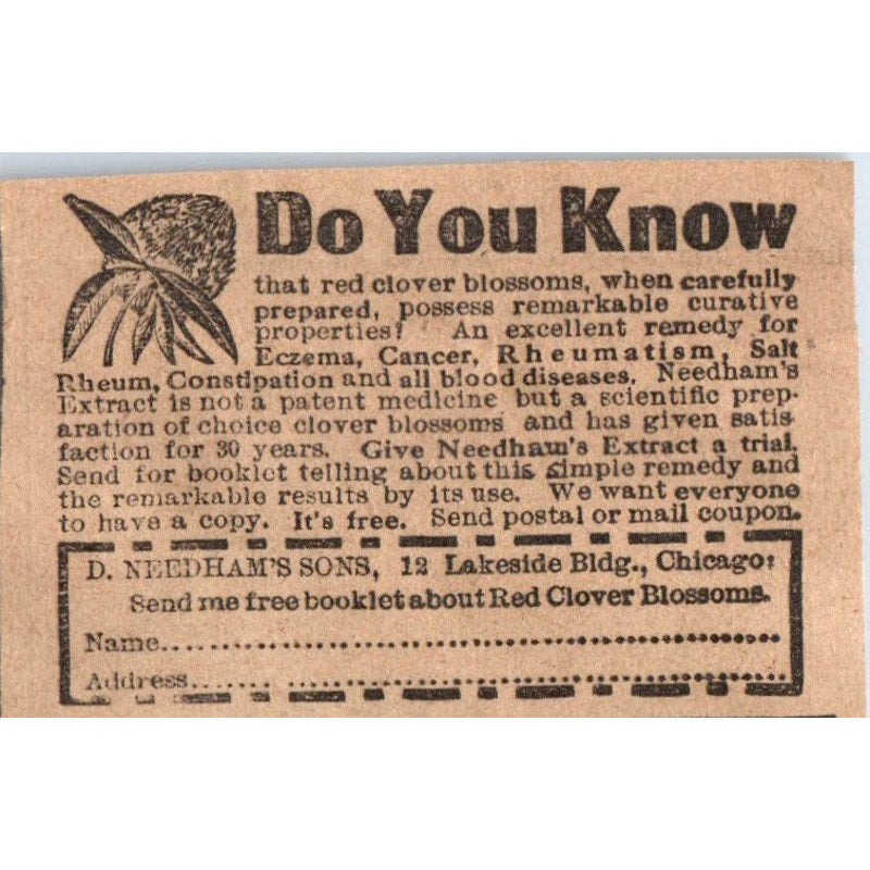 Red Clover Blossom Remedy D. Needham's Sons Chicago 1910 Magazine Ad AF1-CM1