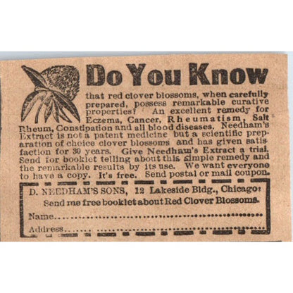 Red Clover Blossom Remedy D. Needham's Sons Chicago 1910 Magazine Ad AF1-CM1