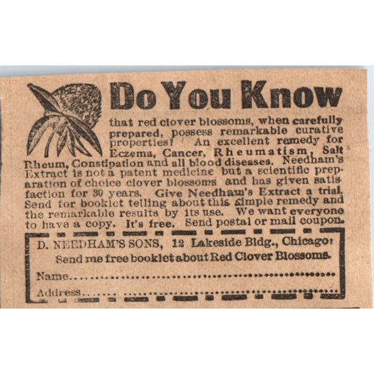 Red Clover Blossom Remedy D. Needham's Sons Chicago 1910 Magazine Ad AF1-CM1