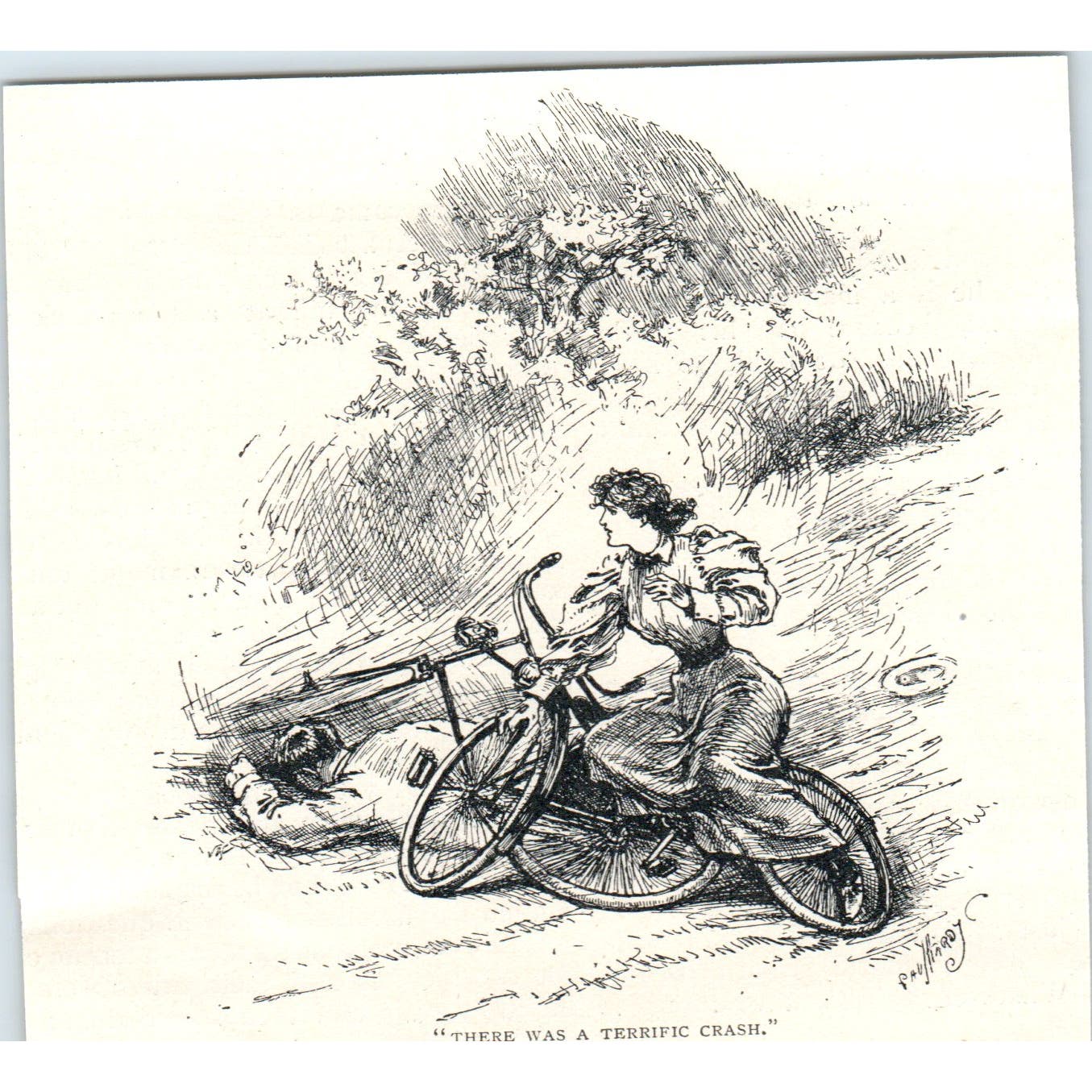 Bicycle Crash Paul Hardy 1897 Victorian Illustration AE9-TS3