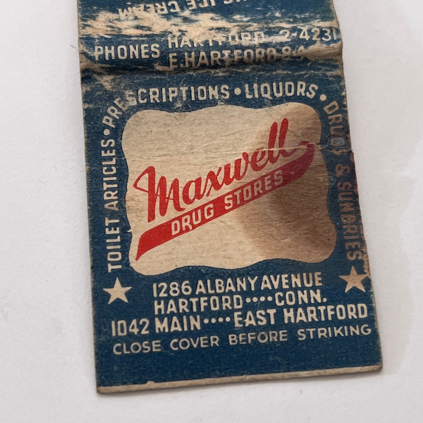 Maxwell's Luncheonette & Drug Store Hartford Vintage Matchbook Cover TB8-MB-12