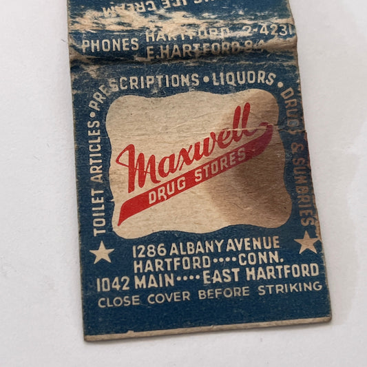 Maxwell's Luncheonette & Drug Store Hartford Vintage Matchbook Cover TB8-MB-12