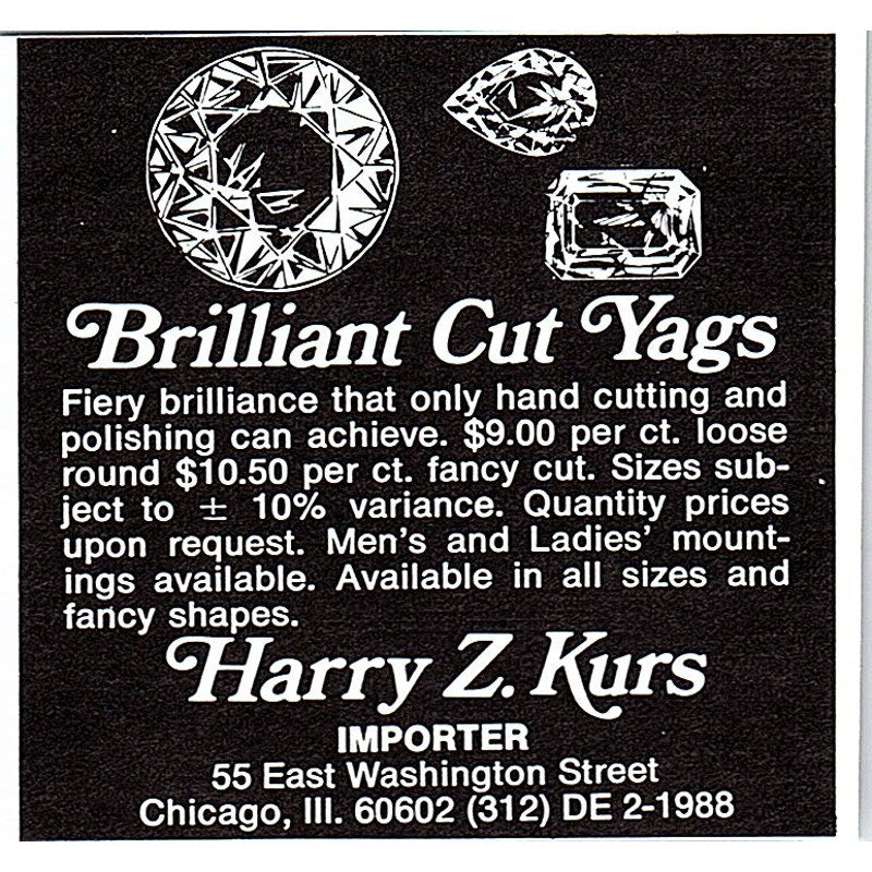 Harry Z. Kurs Brilliant Cut Yags Chicago IL 1972 Ad AF8-M1