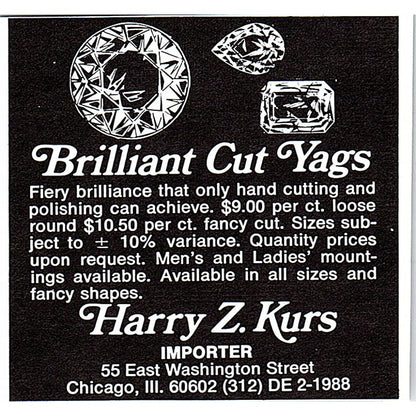 Harry Z. Kurs Brilliant Cut Yags Chicago IL 1972 Ad AF8-M1