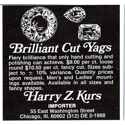Harry Z. Kurs Brilliant Cut Yags Chicago IL 1972 Ad AF8-M1