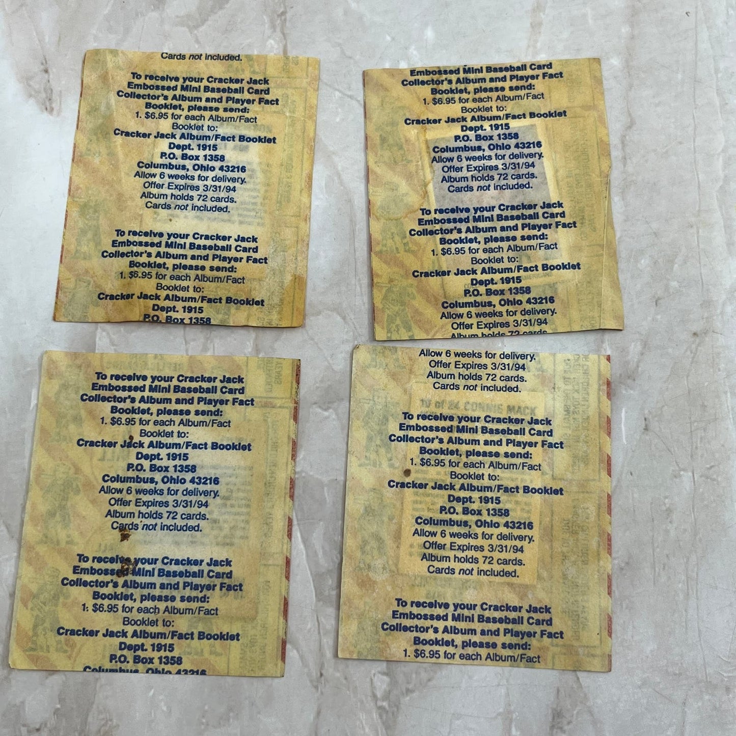 Vintage Lot Of 4 Cracker Jack 1915 Replica Mini Baseball Cards In Wrapper AE6-2