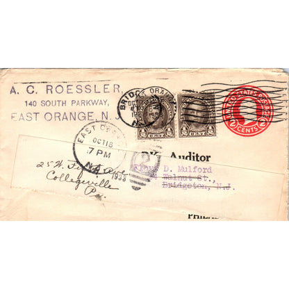 A.C. Roessler East Orange NJ to Floyd D. Mulford Postal Cover Envelope TG7-PC3