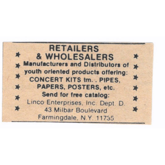 Linco Enterprises Head Shop Wholesaler Farmingdale NY - 1/2x2 1974 Ad AF6-S5