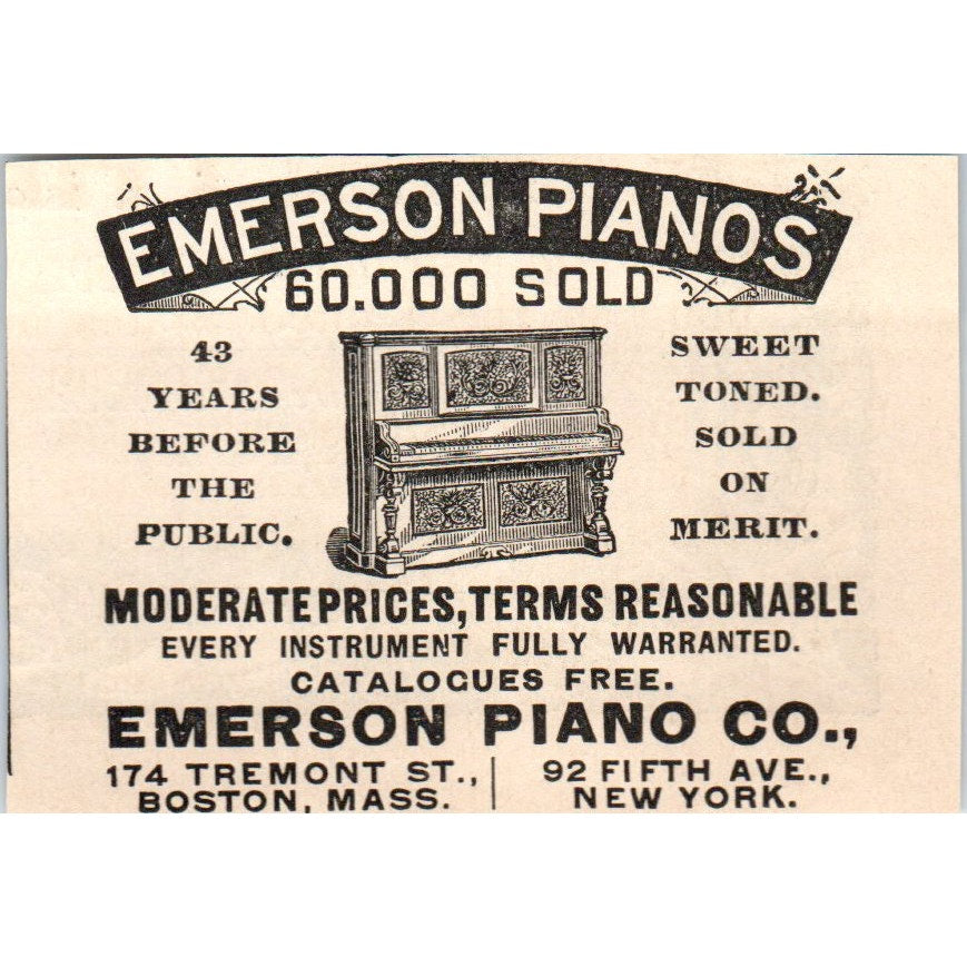 Emerson Piano Co Boston New York 1892 Magazine Ad AK6-M2