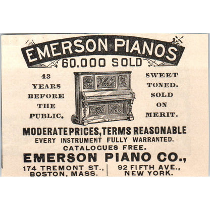 Emerson Piano Co Boston New York 1892 Magazine Ad AK6-M2