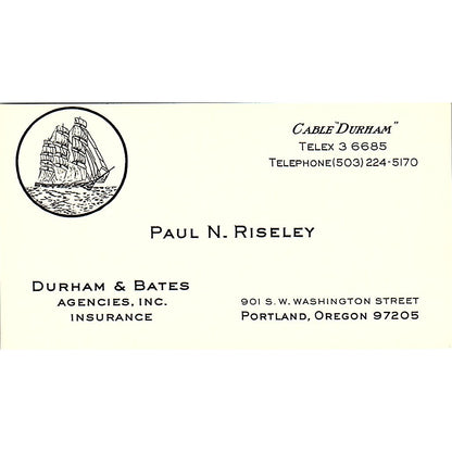 Paul N Riseley Durham & Bates Agencies Portland OR Vintage Business Card SD9-B8