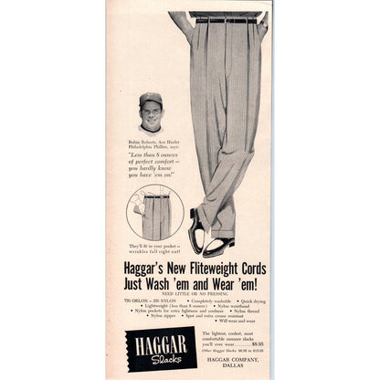 Vintage Haggar Slacks Robin Roberts Phillies MLB Baseball Magazine Ad 5x13" V1-1